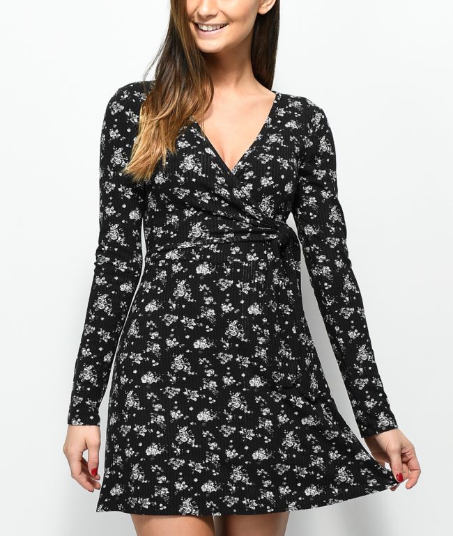 black and white floral wrap dress